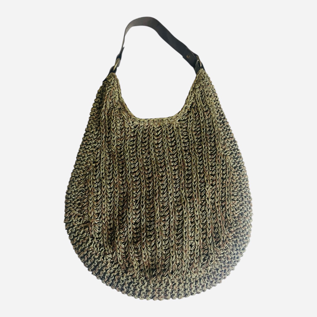 Old Navy Paper Crochet Knit Hobo Shoulder Bag Olive Brown Boho Tote Purse 2007
